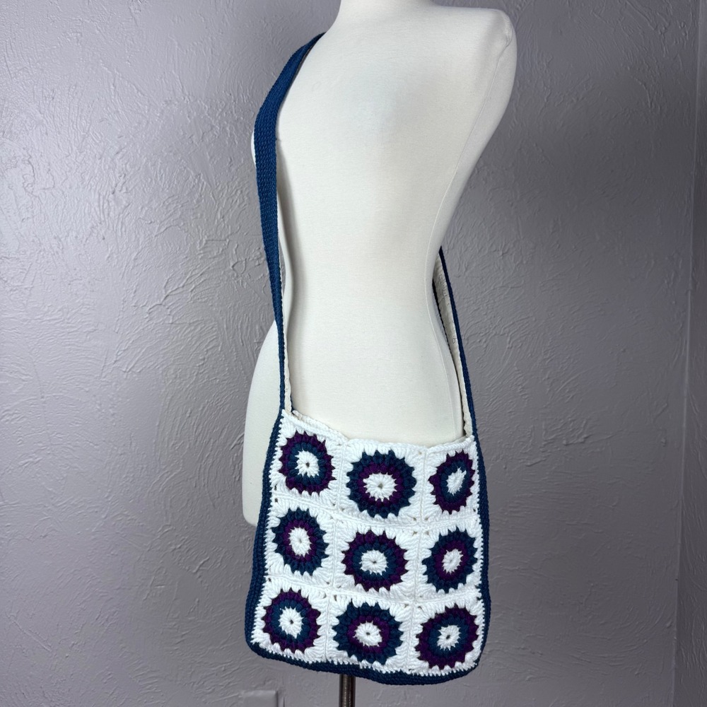 Handmade Crocheted Granny Square Crossbody bag, blue purple white fully lined